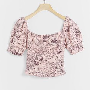 ASTR / ANTHROPOLOGIE Pink Landscape Scene Fitted Puff Sleeve Top - Sz S
